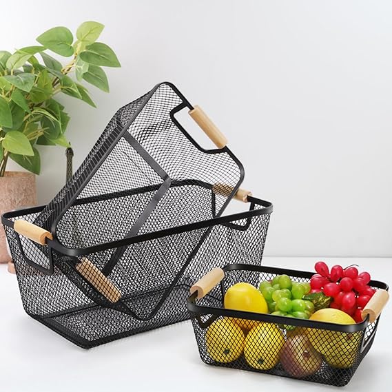 3 PIECE MESH  BASKET WITH BAMBOO HANDLE