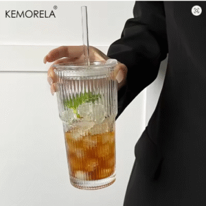 600ML STRIPE GLASS CUP WITH LID